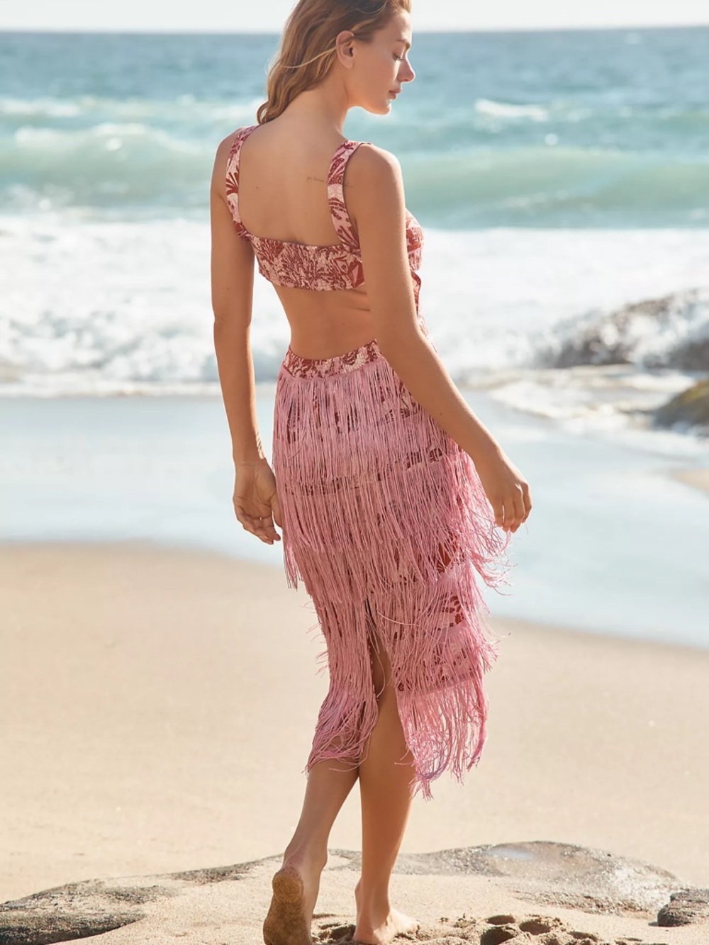 ❤️NWT Anthropologie Linen Pink Tropical Print Fringe Midi Dress - Picture 3 of 7